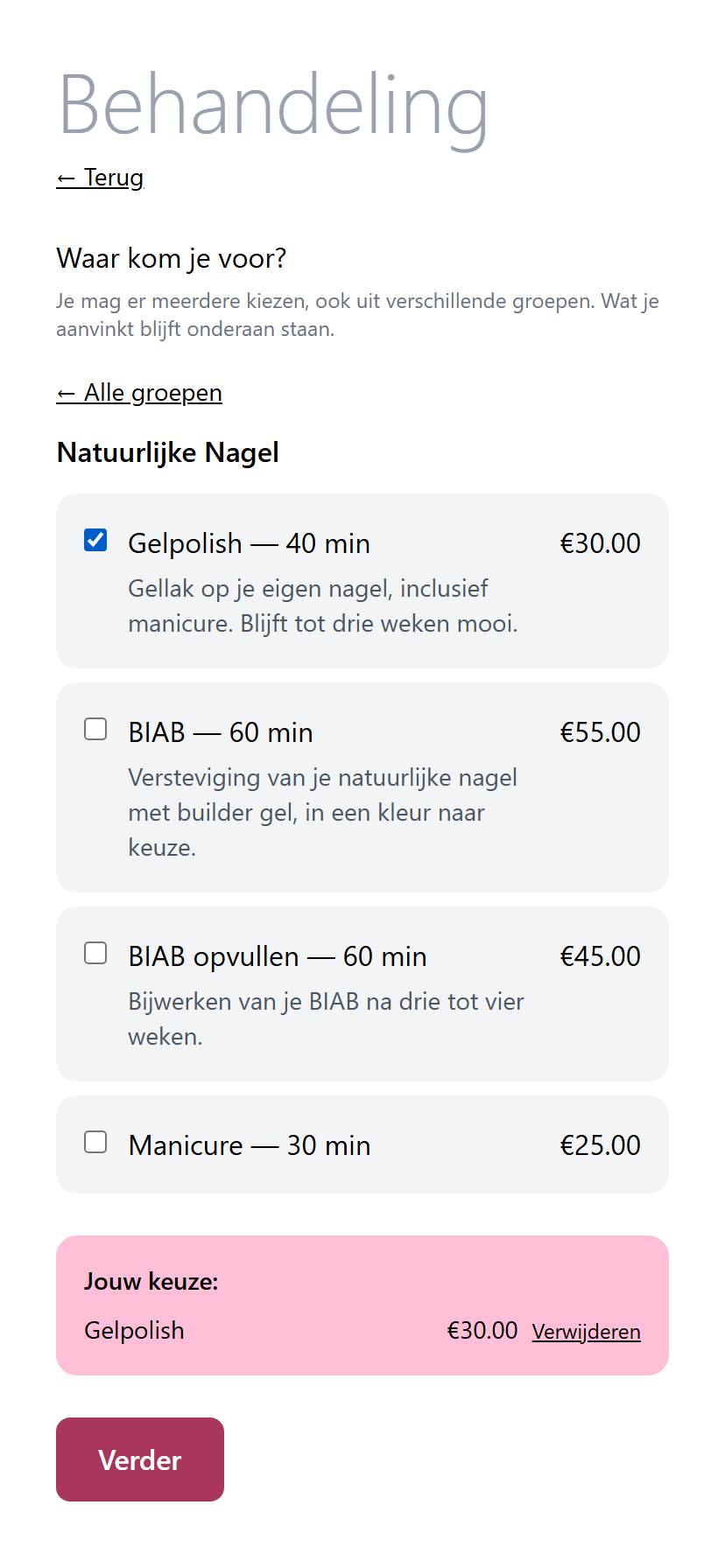 De boekingspagina op een telefoon
