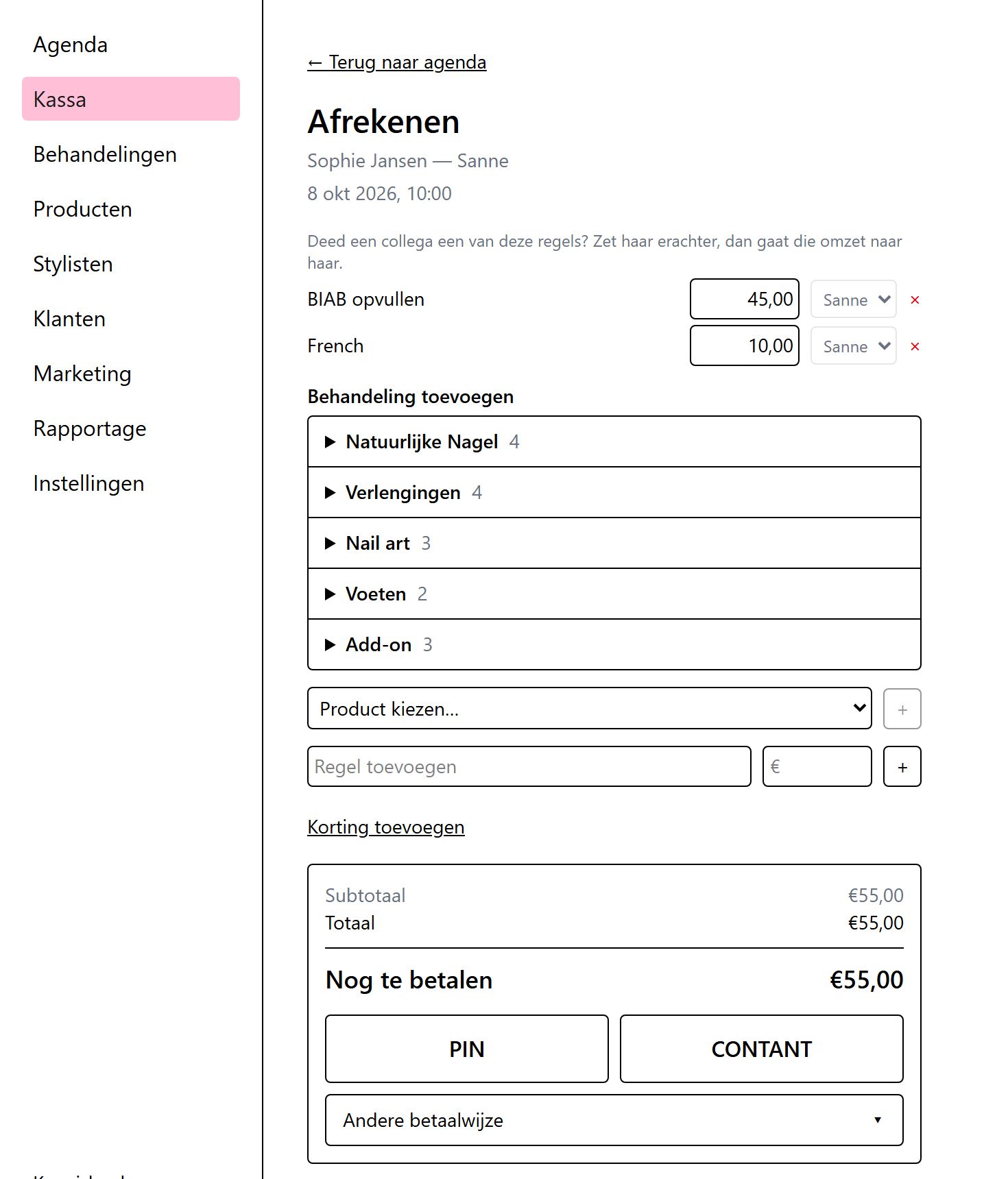 Het kassascherm van Salonboekingen bij het afrekenen