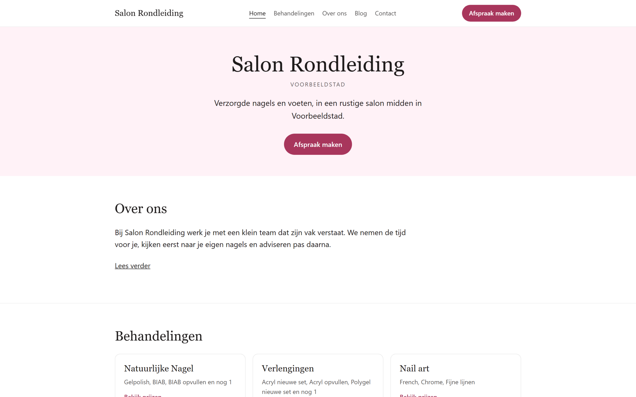 De website van een salon, gemaakt uit haar gegevens in Salonboekingen